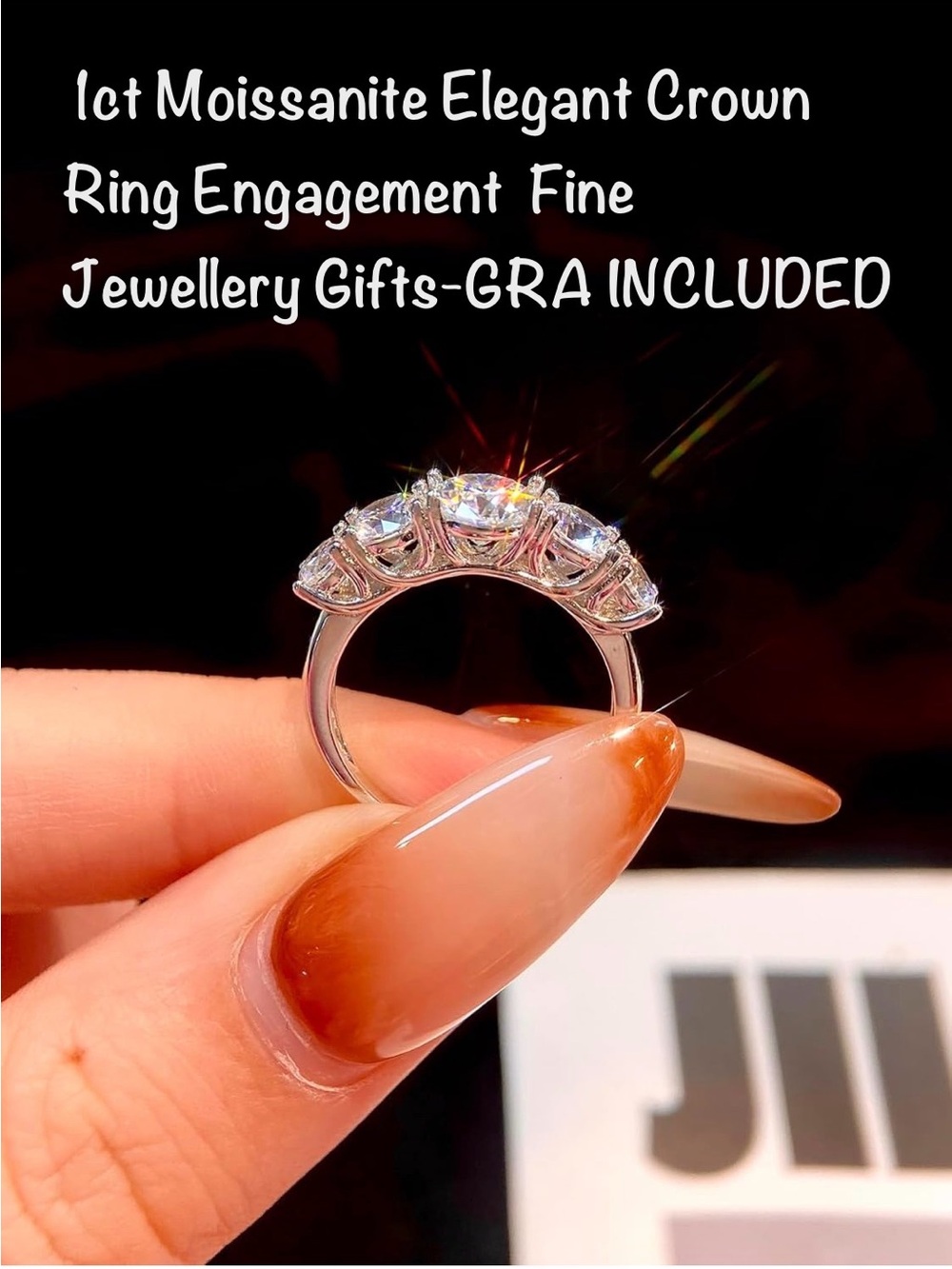 1ct Moissanite Crown Ring in Silver-Tone - Sparkling Three-Stone Engagement Ring